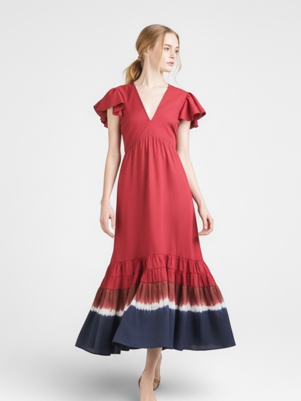Sachin & Babi Paloma Rose Ombré Tiered Flutter Sleeve Maxi Dress NEW Summer